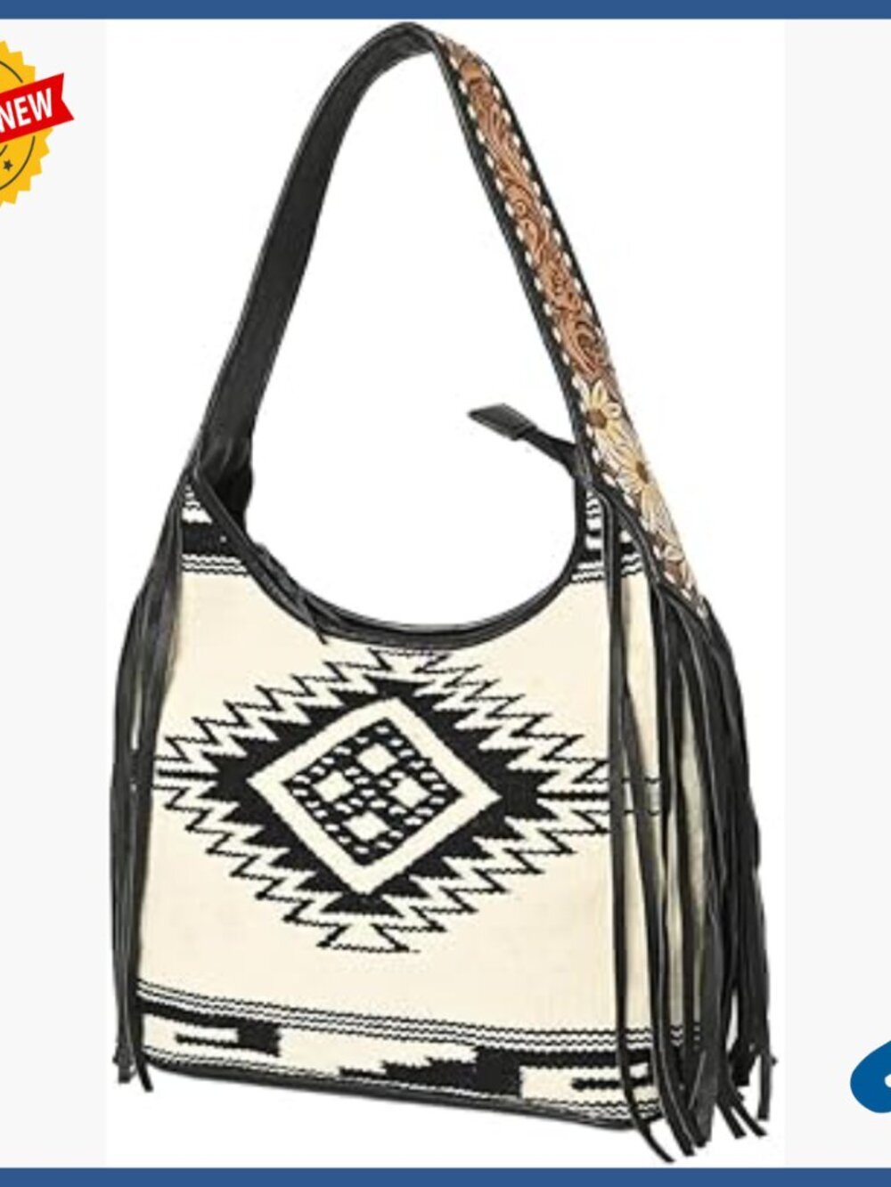Genuine Leather Hobo Bag with Fringe and Handwoven Saddle Blanket Tote